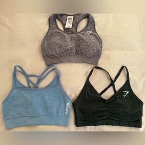 Gymshark Women’s Sports Bras — Heather Gray, Dusty Blue & Dark Green